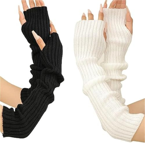 Ashopfun Manicotti invernali da donna, in misto lana, caldi guanti lunghi senza dita, guanti lunghi senza dita, guanti lunghi senza dita con foro per il pollice, Nero e bianco, Etichettalia unica