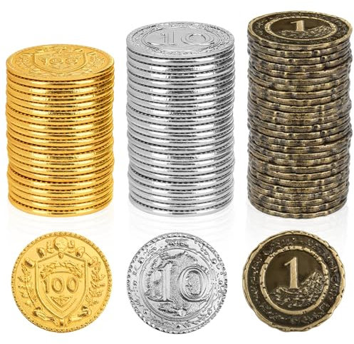 Byhoo 150 PCS Metall DND Münzen, 1,2“ Gold Silber Kupfer Token mit Nennwert für Brettspiel und Tabletop RPG, Fantasy Metallmünzen für Piraten Spiel Party Cosplay