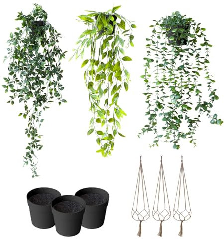 SanKristo 3 Piezas Plantas Artificiales Colgantes, Hoja de Datura, Hoja de Guisante, Planta de Eucalipto Colgante en Maceta con Cesta de Cuerda de Yute para Interior Exterior, Altura 55cm-87cm