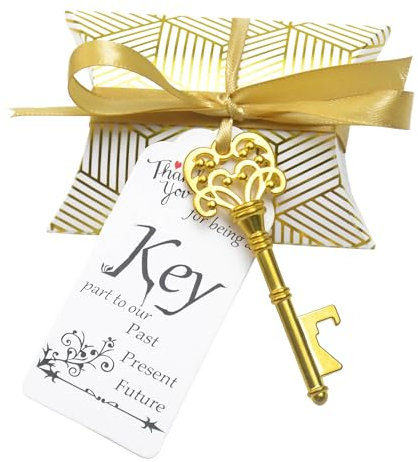Key Bottle Opener Wedding Favour: 50pcs Vintage Skeleton Party Gift Set with Candy Boxes, Ribbons and Thank You Cards for Guests, Celebrations, Birthday, Baby Showers, Anniversary (Gold)