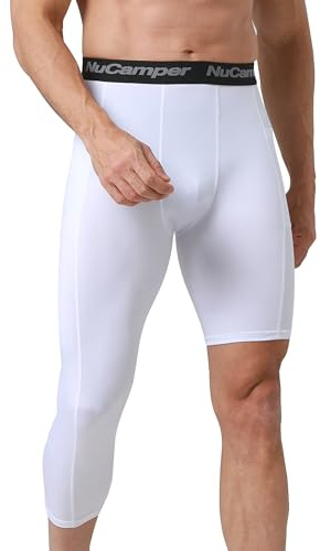 NuCamper Men's Compression Single Legging Tights with Pockets- 1/2 one Leg Single Running Leggings Quick-Dry Breathable Base Layer Sports Pants for Basketball Gym Cycling Fitness