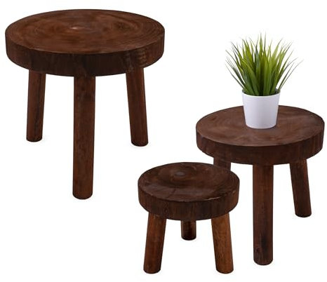 Spetebo Lot de 3 tabourets de fleurs en bois avec 3 pieds - Marron - 30/26/22 cm - Support rond en bois massif - Support pour plantes en pot - Pour jardin, balcon, décoration d'intérieur