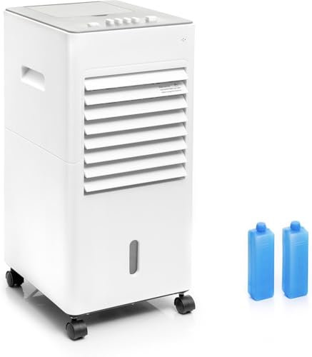Climatiseur évaporation Portable, 5 Litres, 3 vitesses, Double Réservoir Amovible, Blocs réfrigérants, Filtre Lavable, Roues pivotantes 360°, Flux d’air Orientable, Silencieux ≤65 dB, 65 Watts
