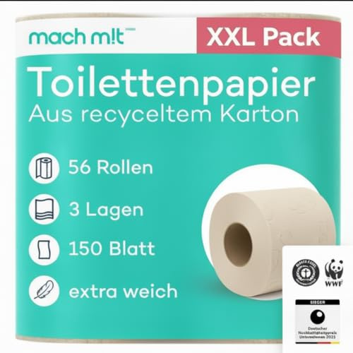 56 Rollen - Toilettenpapier 3-lagig – mach m!t Aktionspaket – Made in Germany - ohne Bleichmittel - extrem weich & umweltschonend – aus recyceltem Karton - recycelbar - 150 Blatt je Klorolle
