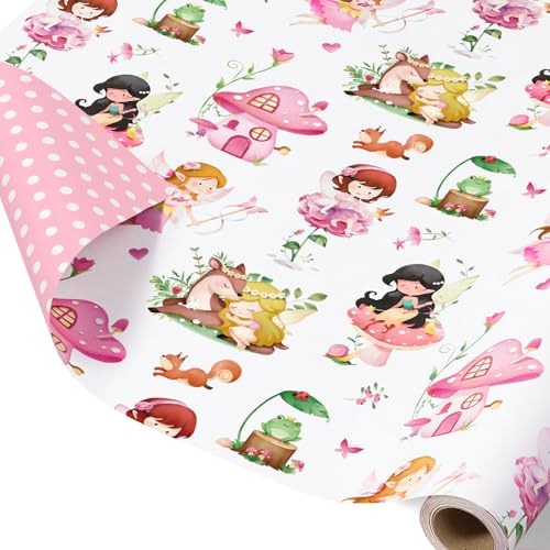 WERNNSAI 1 rotolo di carta da regalo con fate, 10 m x 43 cm, design rosa | Decorazione per feste di compleanno, confezione regalo magica per ragazze e bambini