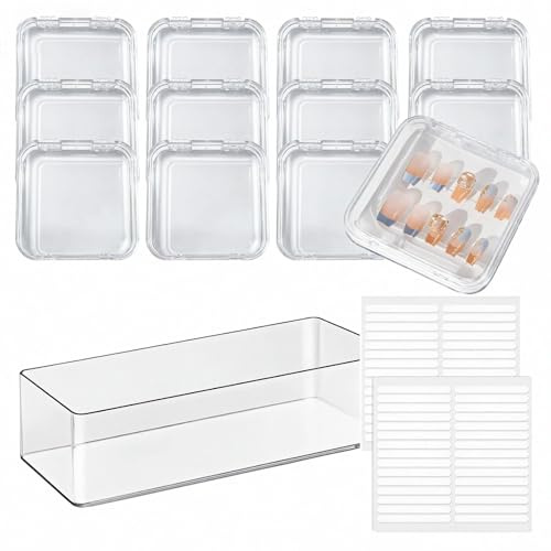 Dwitkul 12 Piezas Cajas de Embalaje de Uñas Postizas Caja Almacenamiento Uñas Presión Caja Uñas Postizas Plástico Cajas de Embalaje para Tips Uñas Postizas (8.5 × 8.5 cm)