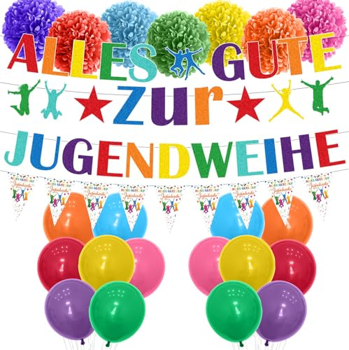 Afritee Jugendweihe Deko Für Junge Mädchen, 24 Stück Alles Gute Zur Jugendweihe Banner Girlande Luftballons Pompons Set, Party Dekoration Für Kinder