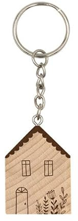Schlüsselanhänger Haus: aus Holz mit Metallkette mit hochwertiger Gravur aus Holz für Schlüssel-bund oder Taschen-anhänger, als Geschenk oder für sich selbst (Wood-Art)