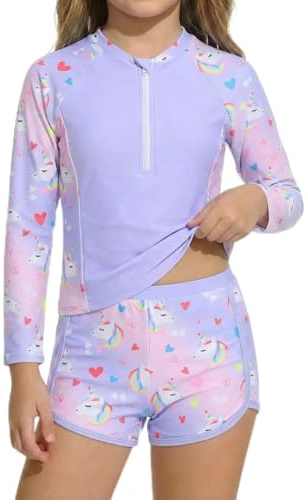 JiAmy Girls 2 Piece Rash Guard Swimsuit Long Sleeve Zip 7Y,Purple-Unicorn