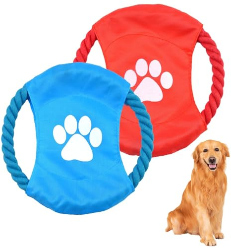 QGH 2 Pcs Frisbee Dog Toy Set – Durable Dog Frisbee for Small and Medium Dogs – Interactive Flying Disc for Outdoor Training and Exercise – 18 cm Paw Print Design Blue and Red