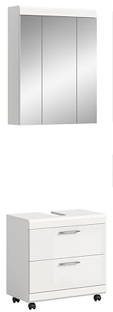 xonox.home – 2 TLG. Badkombination Scout 60x191x34 cm in Weiß Hochglanz – Mobiles Set aus Waschbeckenunterschrank & Spiegelschrank auf Rollen – Praktisches Badmöbel-Set mit Rollenset für das Bad