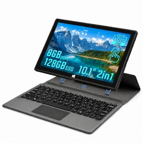 UDKED 10.1 Inch 2 in 1 Laptop Detachable, Windows 11 Touchscreen Laptop, Celeron J3455, 8GB DDR4 RAM 128GB SSD,FHD 1920×1200 IPS Display,USB-C,Mini HDMI,Lightweight Tablet Laptop for Work Study Travel