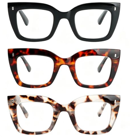 MMOWW Gafas de Lectura Extragrandes para Mujeres, con Montura Cuadrada | Paquete de 3, Bisagras Elásticas, Filtro de Luz Azul para Ordenador