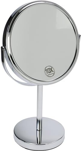 Fantasia Standspiegel rund - zweiseitig, normal und 10-fache Vergrößerung, Make Up Spiegel Ø 18cm, Höhe: 32cm, Kosmetikspiegel Metall/Silber