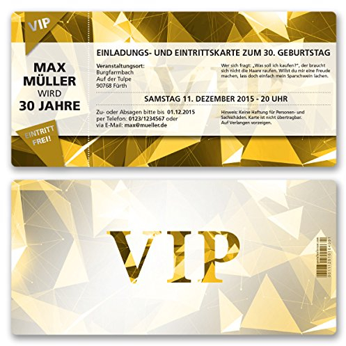 gestaltenlassen.com (20 x) Einladungskarten Geburtstag VIP Party Edel Gold Ticket Karte Einladungen
