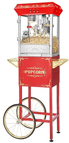 Popcorn Machine with Cart - Carnival 8oz Popper with Stainless-Steel Kettle, Heated Warming Tray, and Old Maids Drawer by Great Northern Popcorn (Red)