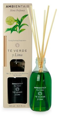 Ambientair Mikado Ambientador para Hogar, Aroma Te Lima, Cristal, Verde, 8 x 8 x 30 cm