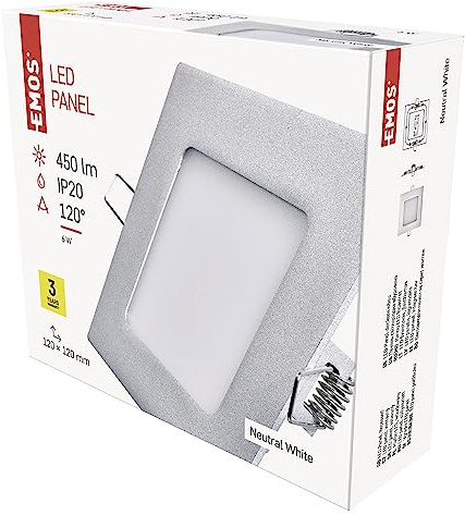 EMOS LED Einbauleuchte 6W mit Driver, ultraflacher quadratischer Einbaustrahler / LED-Panel, Abmessungen 120x120x21 mm, Ersatz für 40W Glühbirne, Lichtfarbe neutralweiß 4000 K, Helligkeit 450 lm