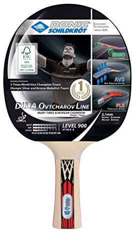 Donic-Schildkröt Tischtennisschläger Ovtcharov 900 FSC, AVS, PLS & Ergo-Griff, 2,1 mm Schwamm, FSC Holz, Spinmax - ITTF Belag, 754415