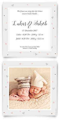 Geburtskarten (100 Stück) - Zwillinge mit Herzrahmen - Geburt Babykarten Zwillingskarten Foto Karten