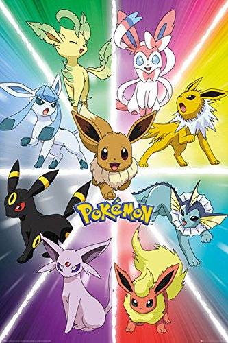 Pokemon - Eevee Evolution - Anime Spiel Poster Plakat Druck - Größe 61x91,5 cm + Wechselrahmen, Shinsuke® Maxi MDF Silber, Acryl-Scheibe
