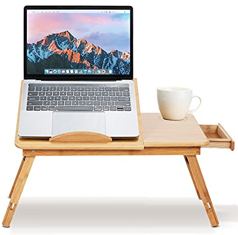 Tavolino da PC Scrivania per Letto,Tavolino D'Appoggio in Bambù,Tavolino regolabile,Supporto Per Computer, Vassoio da letto colazione Pieghevole con Fori di Raffreddamento