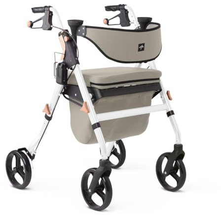Medline Empower Premium Rollator mit Sitz, Komfortgriffen und dicker Rückenlehne, klappbarer Rollator für Senioren, Microban-Schutz, 20,3 cm Räder, weißer Rahmen