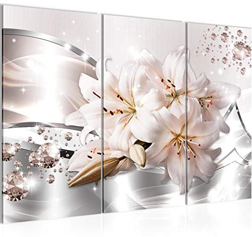 Runa Art Lis Fleurs Peinture Tableau Salon XXL Beige Gris Diamant 120 x 80 cm 3 Parties Decoration Murale 021831a