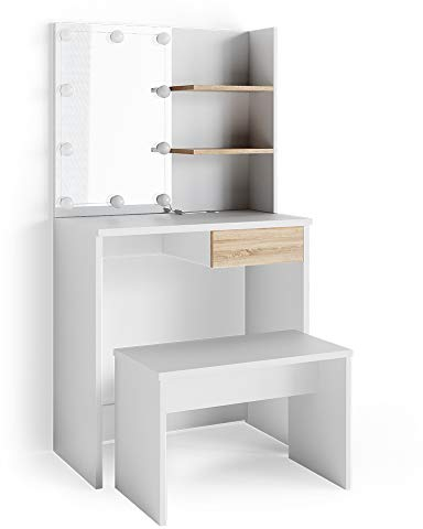 Vicco Schminktisch Dekos, Weiß/Sonoma/Sonoma, 75 cm mit LED Beleuchtung und Bank