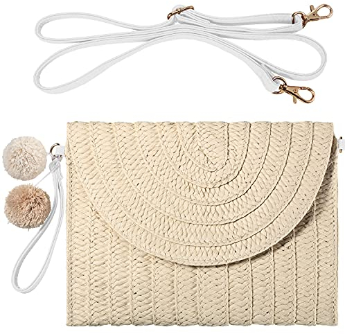 Frienda Stroh Schultertasche Stroh Clutch Stroh Crossbody Tasche Casual Strand Stroh Handgefertigte Tasche für Frauen Umschlag Geldbörse Geldbörse, Cremefarben/Weiß, Medium
