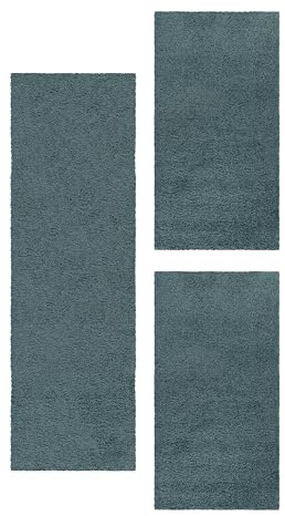 HomebyHome Bettumrandung Schlafzimmer 3 teilig Teppich Blau - Waschbarer Bettumrandung Teppich Läufer Set Extra Flauschig Bettvorleger Schlafzimmer Bettset:2 St. 60x110 cm | 1 St. 80x150 cm