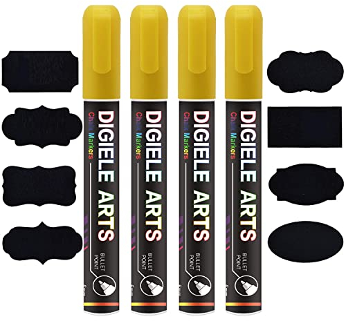 DIGIELE Kreidestift Gold, 4 Stücke Gold Kreidestifte 6mm + 16 Tafel Labels, Reversibel Dünne oder Mittlere Spitze, Trocken oder Feucht Abwischbare Flüssigkreide für Whiteboard, Tafel, Fenster & Glas