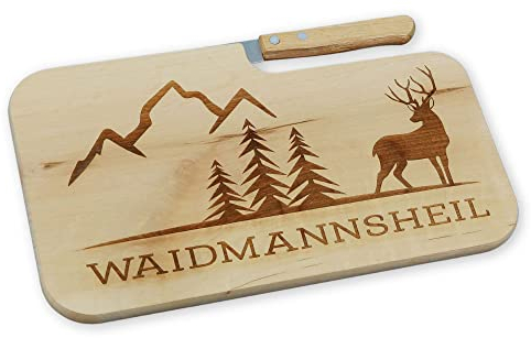 Frühstücksbrett mit Messer inkl. Gravur Waidmannsheil - Geschenkidee für Jäger - Jausenbrett aus Holz - Jäger und Jagd Geschenke (Hirsch)