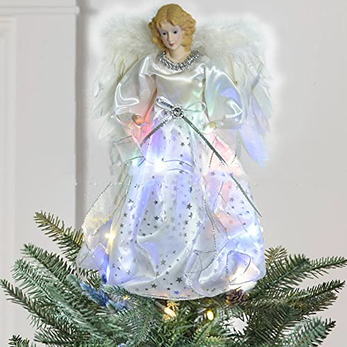 GLAITC Christmas Tree Topper,LED Fair Angel Xmas Tree Topper Christmas Tree Decoration White Fairy Angel Decor with Feathers Wings Xmas Tree Ornament for Christmas Xmas Party Bar Bedroom Decorations