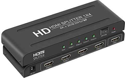 Linseek HDMI-Splitter, 1 in 4 Ausgänge, 1 x 4 HDMI-Splitter, Audio-Video, unterstützt 4 K x 2 K @ 30 Hz und 3D, betriebener HDMI-Splitter mit AC-Adapter, für Xbox, HDTV STB, Computer, Projektor, PS4