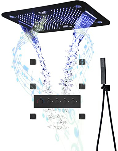 ESOP Colonne de Douche Thermostatique Système de Douche Encastrable, Musique 64 Couleurs LED Ensemble de Douche avec 6pcs 50 mm Buse de Massage, Noir Colonne Douche avec 580 * 380 mm Tête de Douche