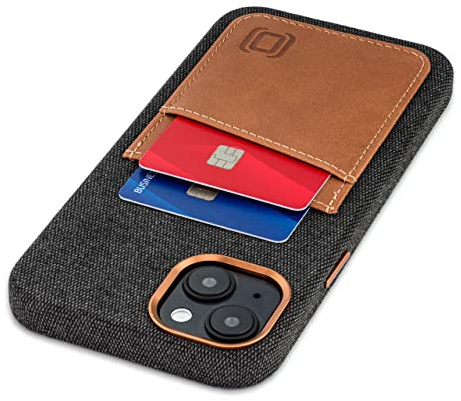Dockem Stoff Kartenhülle für iPhone 14 mit Integrierter Metallplatte zur Magnetischen Befestigung, Aufgenähtes Echtleder-Etui mit 2 Kreditkarten/Ausweisfächern: M2F 14 Plus [Grau mit Hellbraun]