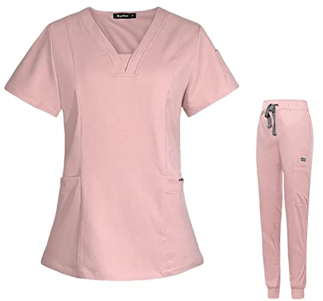 Baoblaze Female Scrub Set, Durable Short Sleeves v Neckline Top and Pants Work Clothing, Pink, M