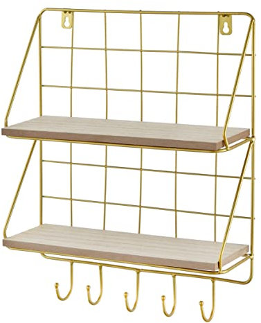 Baroni Home Mensola da parete, Mensola Rustica per Bagno, Cucina, Camera da Letto, Mensola Sospesa da Muro in Ferro e Metallo, Oro 2 Ripiani