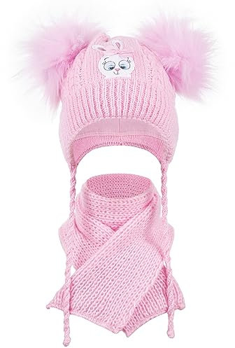 Baby Winter Mütze Mädchen Strick Bommel Babymütze Schal Set Baumwolle gefüttert, Größe: 44-46