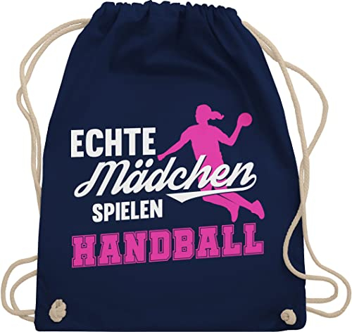 Turnbeutel Rucksack - Kinder Sport Kleidung - Echte Mädchen spielen Handball weiß/fuchsia - Unisize - Navy Blau - rucksäcke turnen beutel sportrucksack mit schnur gym bag turn tasche