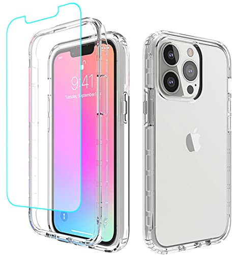 Jhxtech for iPhone 13 Pro Case with Tempered-Glass Screen Protector, Clear Full Body Protective Hard PC Shell TPU Bumper Cover Cases for Apple iPhone 13 Pro 6.1 (clear)