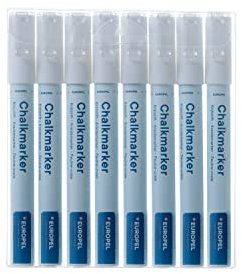 Europel Pennarello a gesso da 3 mm, in PVC, confezione da 8 pezzi, con punta rotonda reversibile e punta a scalpello, colore: bianco
