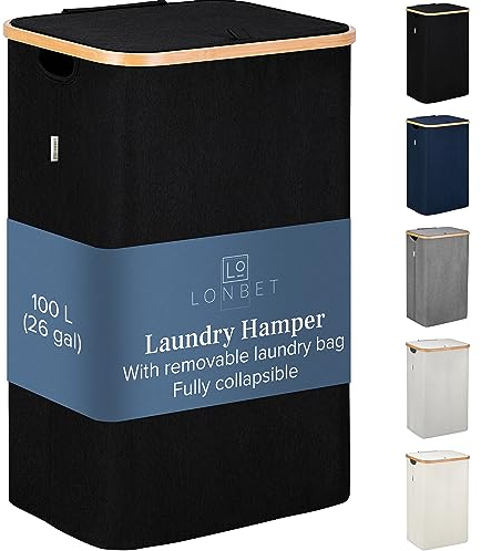 LONBET 100L Laundry Basket with Lid and Sturdy Bamboo Frame - Aesthetic Laundry Hamper with Side Handles and Made from Breathable Fabric - Laundry Bin with Removable Bag, Clothes Basket Black