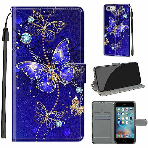 for iPhone 6 / 6S Case, PU Leather Wallet Book Flip Folio Stand View Cover Pouch Compatible with iPhone 6 / 6S Phone Case (Blue Butterfly)