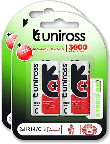 Uniross Pack de 2 x 2 Piles Rechargeables C/HR14 3000 NIMH HYBRIO, 1.2V