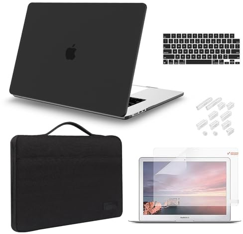 iCasso for MacBook Air 15 inch Case 2025 2024 2023 Release M4 A3241 M3 A3114 M2 A2941, Hard Shell Case &Carrying Laptop Sleeve Bag&Screen Protector&Keyboard Cover for Mac Air 15.3'', Black