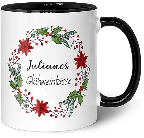 GRAVURZEILE personalisierte Tasse mit Weihnachtsmotiv - Glühweintasse - Weihnachtstasse mit Namen - Geschenke für Frauen & Männer - Geschenk zu Wichteln Weihnachten und Nikolaus - Schwarz & Weiß