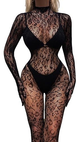 CHICTRY Women's Fishnet Lingerie Bodystocking See Through Hollow Out Unitard Bodysuit Jumpsuit Black One Size