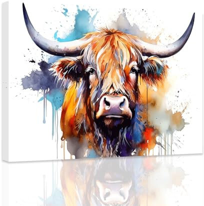 ZXHYWYM Highland Kuh Wandbild buntes Highland Rinder Gemälde abstrakte Kuh Leinwanddruck Bauernhaus Badezimmer Wanddekoration mit Rahmen (C (30.00 x 45.00 cms))